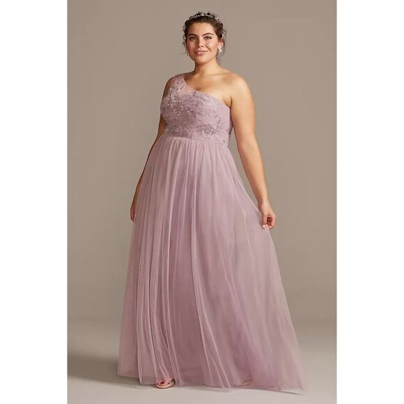 Davids Bridal Lavender One-Shoulder Embroidered Prom Bridesmaid Dress Gown - Picture 1 of 16